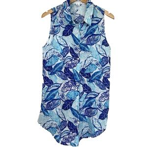 Sigrid Olsen Sleeveless Linen Tunic Top Short Dress ~Small~ Blue Leaves Tropical